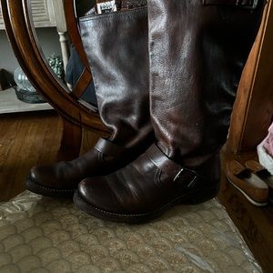 One pair gently used Frye Boots brown leather size woman 10. Good condition
